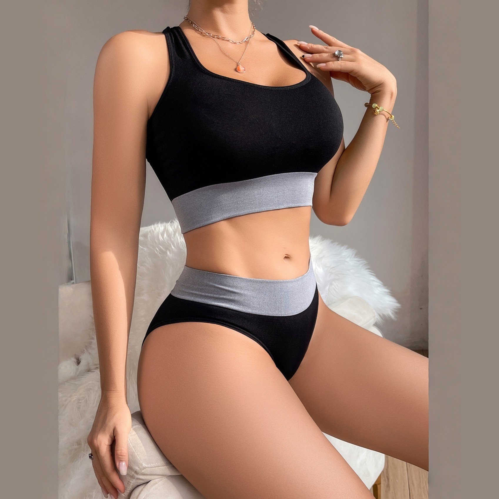 Womens Racing Vest Bra Sets Seamless Solid Color Sweatshirt & Pant Set